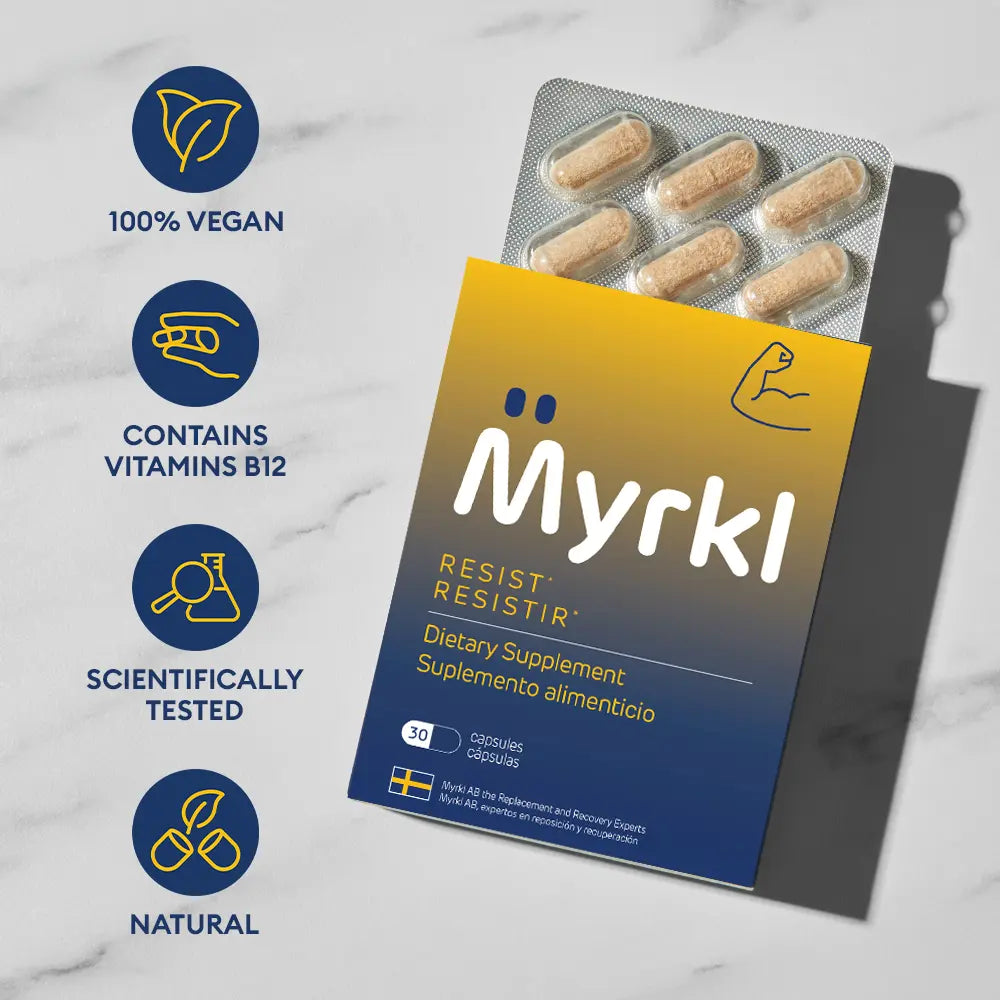100% vegan, contains vitamin b12, scientifically tested, natural - icons next to myrkl hangover supplement on counter