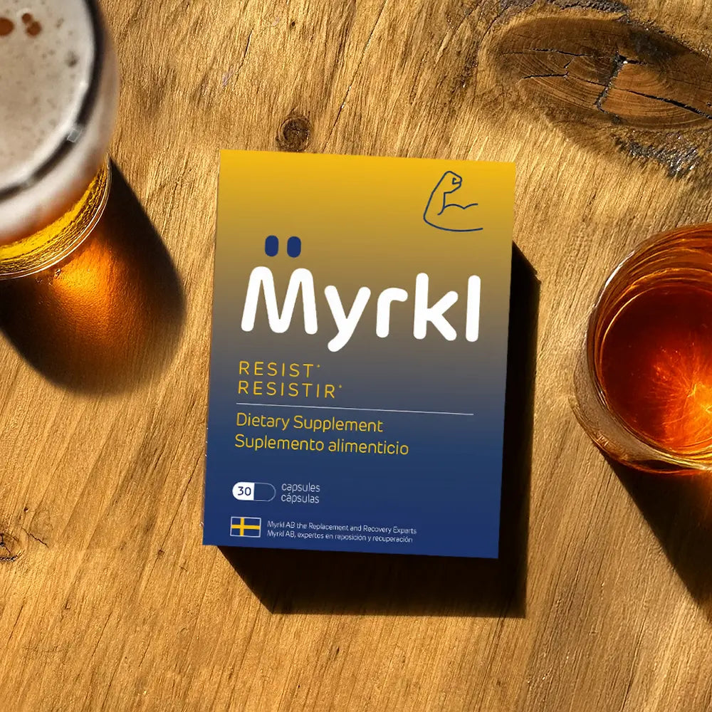 myrkl supplement packet next to alcohol