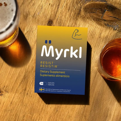 myrkl supplement packet next to alcohol